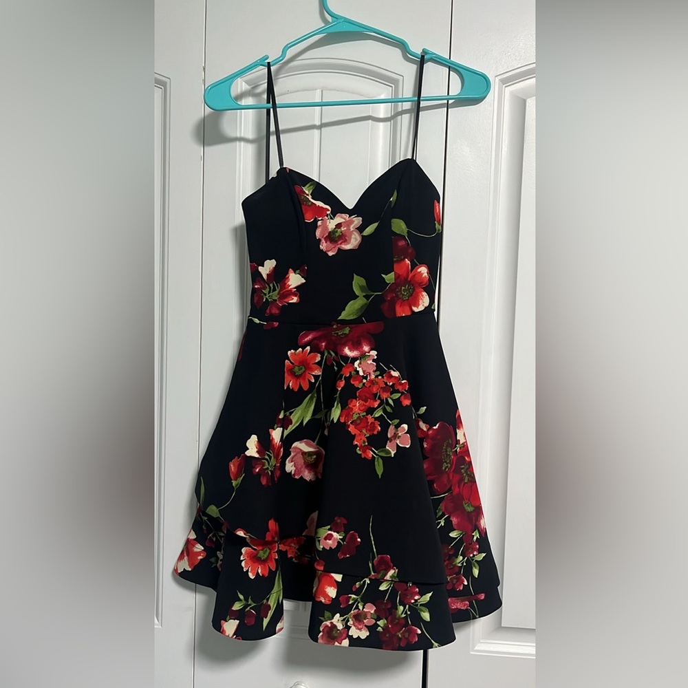 Short Asymmetrical Strapless Black and Red Floral Dress